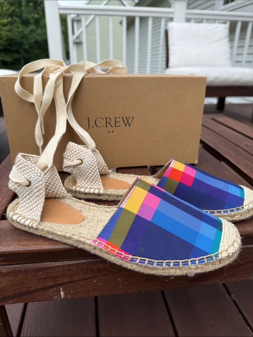 J. Crew Multicolor Plaid Espadrille Tie-Up Flats